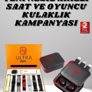Dijital Göstergeli Powerbank Kablosuz Kulaklık ve 7 Kordonlu Yeni Nesil Akıllı Saat Dokunmatik Kontrol