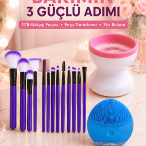 3’lü Güzellik ve Kişisel Bakım Seti 12’li Makyaj Fırçası Fırça Temizleme Cihazı ve Yüz Temizleme Cihazı