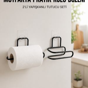 2’li Siyah Metal Rulo Kağıt Tutucu Yapışkanlı Banyo ve Mutfak Kağıtlık