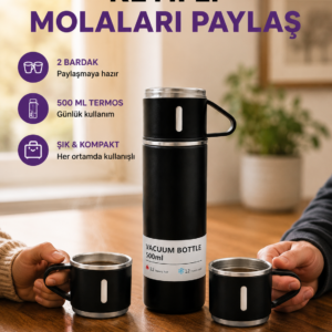 500 ml Isı Korumalı Çelik Termos ve Bardak Seti | Silikon Tabanlı, Şık ve Pratik