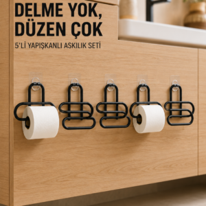 Siyah Metal Tuvalet Kağıdı Tutucu 5’li Set Yapışkanlı Duvar Tipi Banyo WC Askısı
