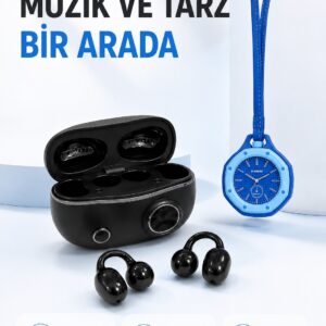Şarj Kutulu Kablosuz Kulaklık ve Askılı Mavi Charm Saat Avantajlı İkili Set