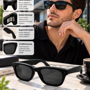Kameralı Akıllı Güneş Gözlüğü Smart Glasses Siyah Şık Tasarım