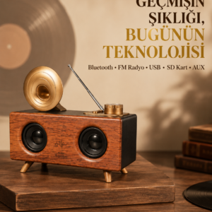 Çift Hoparlörlü Retro Bluetooth Speaker 1800mAh Bataryalı AUX USB SD Kartlı