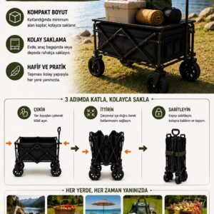 Katlanır Kamp Arabası 130 Kg Kapasiteli Üst Tablalı Kalın Tekerlekli Çok Amaçlı Taşıma Arabası