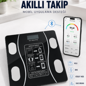 Akıllı Cam Baskül Bluetooth Mobil Uygulamalı Vücut Analiz Tartısı 180 Kg LCD Ekran