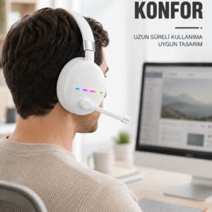 Beyaz Bluetooth 5.0 Mikrofonlu Kablosuz Kulak Üstü Kulaklık RGB Işıklı Type-C Şarjlı