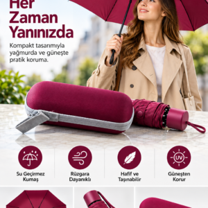 Yağmur ve Güneşe Karşı Pratik Koruma Sağlayan Hafif Bordo Kapsül Şemsiye Taşınabilir Tasarım