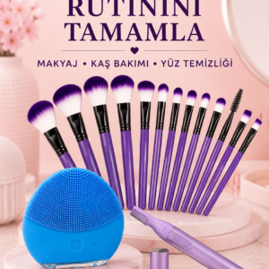 Kadın Güzellik Seti 12’li Mor Makyaj Fırçası Kaş Düzeltici ve Silikon Yüz Temizleme Cihazı Cilt Bakım Seti