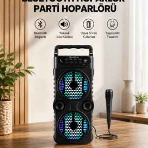 LED Işıklı Bluetoothlu Hoparlör Mikrofonlu Taşınabilir Ses Sistemi