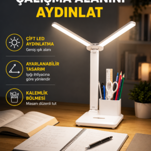 Kısılabilir LED Masa Lambası – Kalemlik ve Telefon Standlı, Göz Yormayan Işık Yeni Nesil