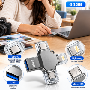 4 Farklı Bağlantı Noktasıyla Telefon ve Bilgisayar Arasında Kolay Veri Aktarımı Sağlayan 64GB Flash Bellek