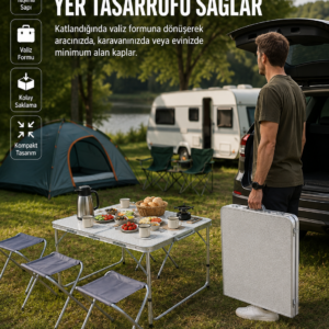 Ayarlanabilir Yükseklikli Kamp ve Piknik Masası 4 Kişilik Katlanabilir Masa Seti