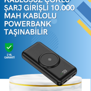 iPhone ve Android Uyumlu 10000mAh Powerbank – Hem Kablolu Hem Kablosuz