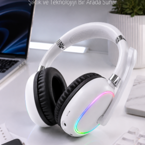 Kablosuz Bluetooth Mikrofonlu Beyaz Kulaklık RGB Işıklı
