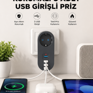 Isıya Dayanıklı 3 USB Portlu Güvenlikli Priz – Akıllı Enerji Yönetimi