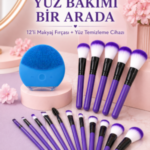 Makyaj ve Yüz Bakım Seti 12’li Mor Makyaj Fırçası Silikon Yüz Temizleme ve Cilt Bakım Cihazı