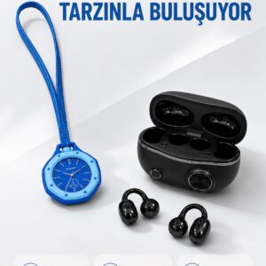 Kablosuz Kulaklık ve Mavi Çanta Charm Saat Kampanya Seti Taşınabilir Günlük Kullanım