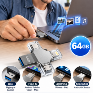 Tek Ürünle Birden Fazla Cihazda Kullanım Sunan 64GB Lightning Type C USB MicroUSB Girişli Flash Bellek