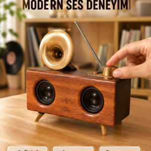 Nostaljik Gramofon Bluetooth Hoparlör – FM Radyo + USB + SD Kart Destekli