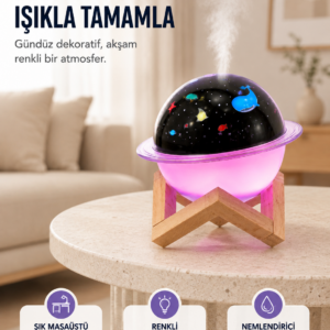 Projektör ışıklı, aromaterapi uyumlu mini masaüstü hava nemlendirici cihaz