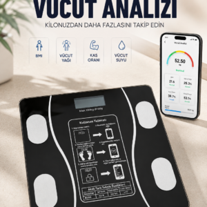Akıllı Vücut Analiz Baskülü Bluetooth Bağlantılı 4 Sensörlü LCD Ekranlı Dijital Tartı