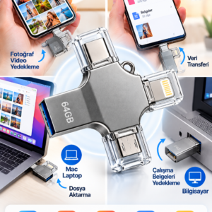 Kompakt ve Taşınabilir Tasarıma Sahip 64GB Lightning Type C USB MicroUSB Çoklu Kullanımlı Flash Bellek