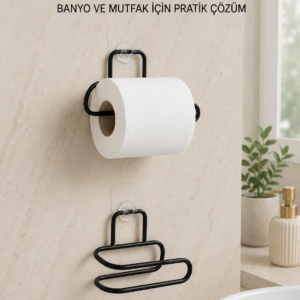 2’li Yapışkanlı Tuvalet Kağıdı Tutucu Siyah Metal Duvar Tipi Rulo Kağıtlık