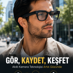 Siyah Bluetooth Akıllı Kamera Gözlüğü Fotoğraf Video Ses Kayıtlı AI Sesli Asistanlı Manyetik Şarjlı 3 Lensli