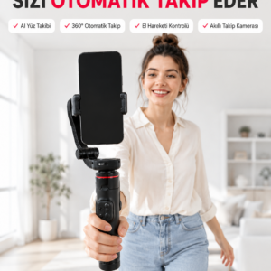 AI Yüz Takip Özellikli Gimbal Selfie Stick 360° Dönebilen Telefon Tutucu Uzayabilir Bluetooth Kumandalı