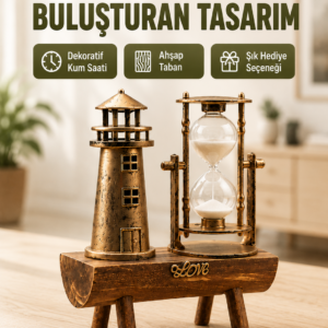 Vintage Kum Saati + Deniz Feneri Modeli – Ahşap Gövdeli Masa Üstü Dekor Yeni Nesil