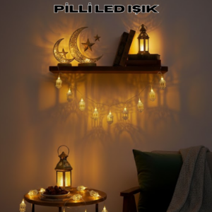 Altın Fener Detaylı Pilli Ramazan LED Işık Ev Dekorasyonu