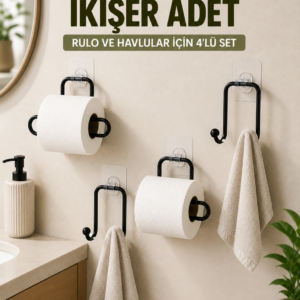 Yapışkanlı Banyo Düzenleme Seti 2 Rulo Tutucu 2 Havlu Askılığı 4 Parça