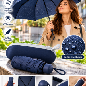 Pratik Taşınabilir Lacivert Kapsül Şemsiye Su İtici Kumaş Ergonomik Kullanım