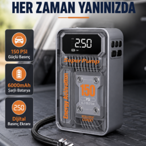 Şarjlı Kablosuz Hava Pompası – 150 PSI Basınç, LED Ekran ve 6000mAh Batarya