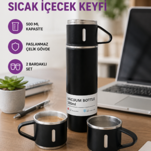 Paslanmaz Çelik 500 ml Termos Seti – 8 Saat Isı Koruma, Vakumlu, Sızdırmaz ve Taşınabilir