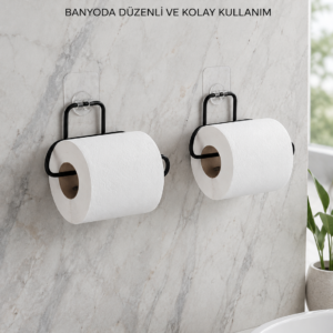 2 Adet Siyah Yapışkanlı Kağıtlık Duvar Tipi Tuvalet Kağıdı ve Rulo Tutucu