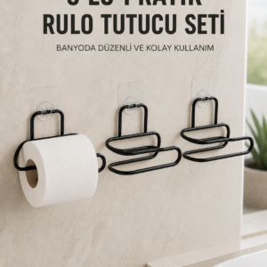 3’lü Yapışkanlı Tuvalet Kağıdı Tutucu Seti Siyah Duvar Tipi Rulo Kağıtlık