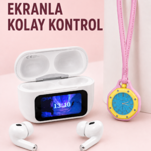Dokunmatik Ekranlı Kablosuz Kulaklık ve Pembe Çanta Aksesuar Saati Avantajlı Set