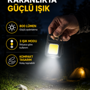 Şarjlı COB LED Anahtarlık Fener – 4 Modlu, Manyetik ve Katlanabilir Standlı Yeni Nesil