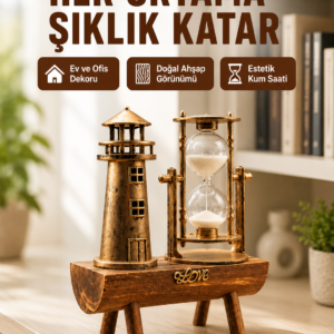 Ahşap Kum Saati ve Deniz Feneri Figürü Bir Arada Ev Ofis Dekorasyonu Yeni Nesil