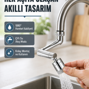 2 Modlu 1080° Dönebilen Musluk Başlığı Esnek 3 Eklemli Hareketli Tasarım