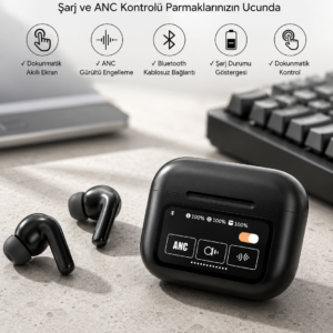 Kablosuz Bluetooth Kulaklık Ekranlı Uzun Şarj Süreli ANC Destekli