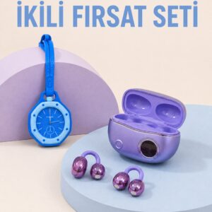 Kablosuz Kulaklık ve Mavi Çanta Charm Saat İkili Set Taşınabilir Günlük Kullanım