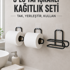 3 Adet Yapışkanlı Rulo Tutucu Siyah Metal Tuvalet Kağıdı Askısı
