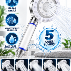 Beyaz Filtreli Duş Başlığı 5 Farklı Su Akışı Masaj Etkili Klor ve Kireç Filtreleme