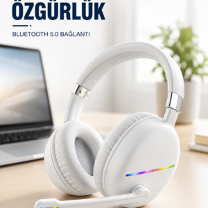 Kablosuz Bluetooth Mikrofonlu Beyaz Kulaklık RGB Işıklı
