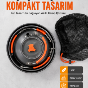 Kompakt Kamp Yemek Seti Alüminyum Tencere Tava Çaydanlık Taşıma Fileli Outdoor Set