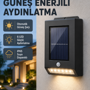Solar Güçlü 6 LED Dış Mekan Lambası – Otomatik Aç/Kapa Işık Sensörlü Aydınlatma