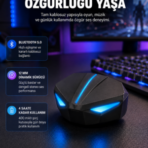 Tam Kablosuz Oyuncu Kulaklığı 5.0 Bluetooth LED Kontrollü Yeni Nesil